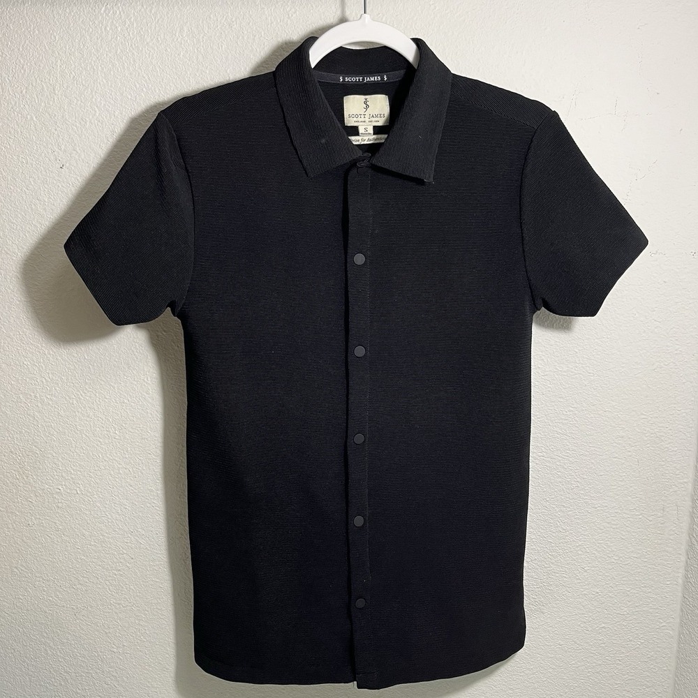 Scott James Polo Shirt Mens Small Black Ribbed Button Up Short Sleeve Heavy
